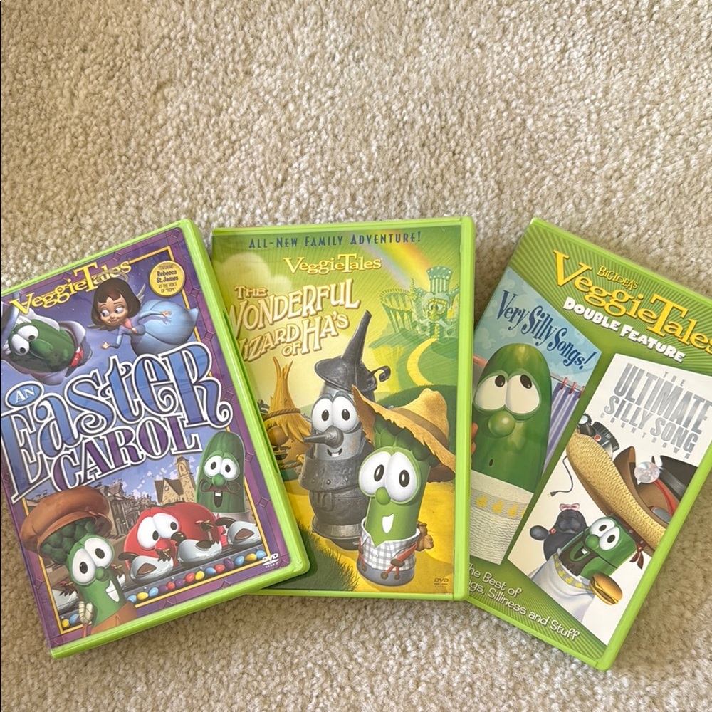 3 Veggie Tales DVDs-Easter Carol; The Wonderful Wizard of Has; Very Silly Songs